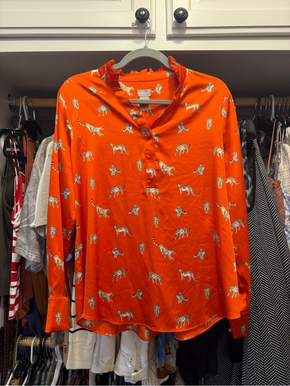 Chico's Vibrant Orange Tan Cheetah Ruffle-Neck Satin Blouse